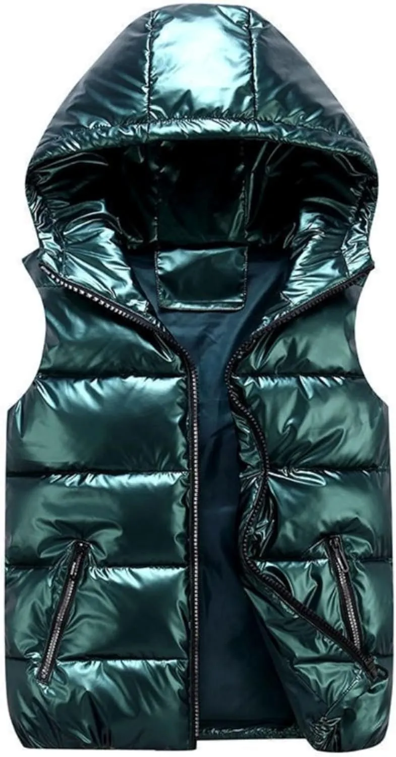 FindThy Women’s Shiny Puffer Down Vest Quilted Zip Up Hat Collar Pocketed Sleeveless Jacket
