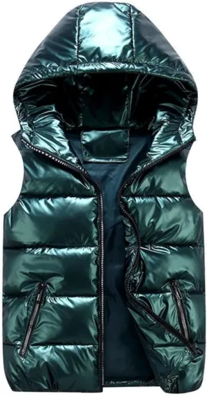 FindThy Women’s Shiny Puffer Down Vest Quilted Zip Up Hat Collar Pocketed Sleeveless Jacket