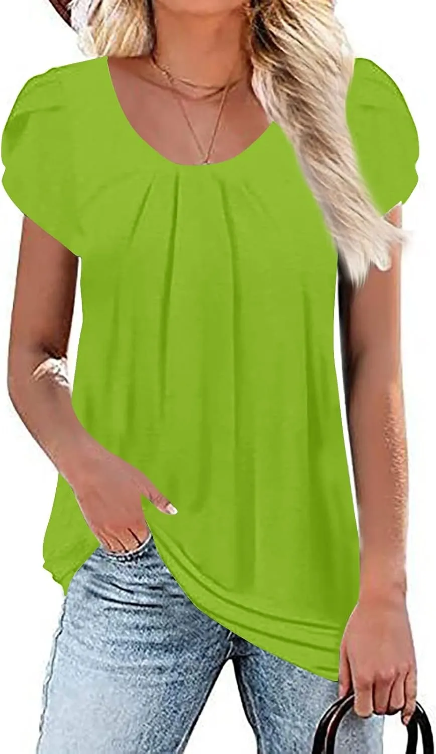 FlekmanArt Blouses for Women Fashion 2025 Summer Round Neck Petal Sleeve Breathable Tops Floral Printing Hide Belly T Shirts