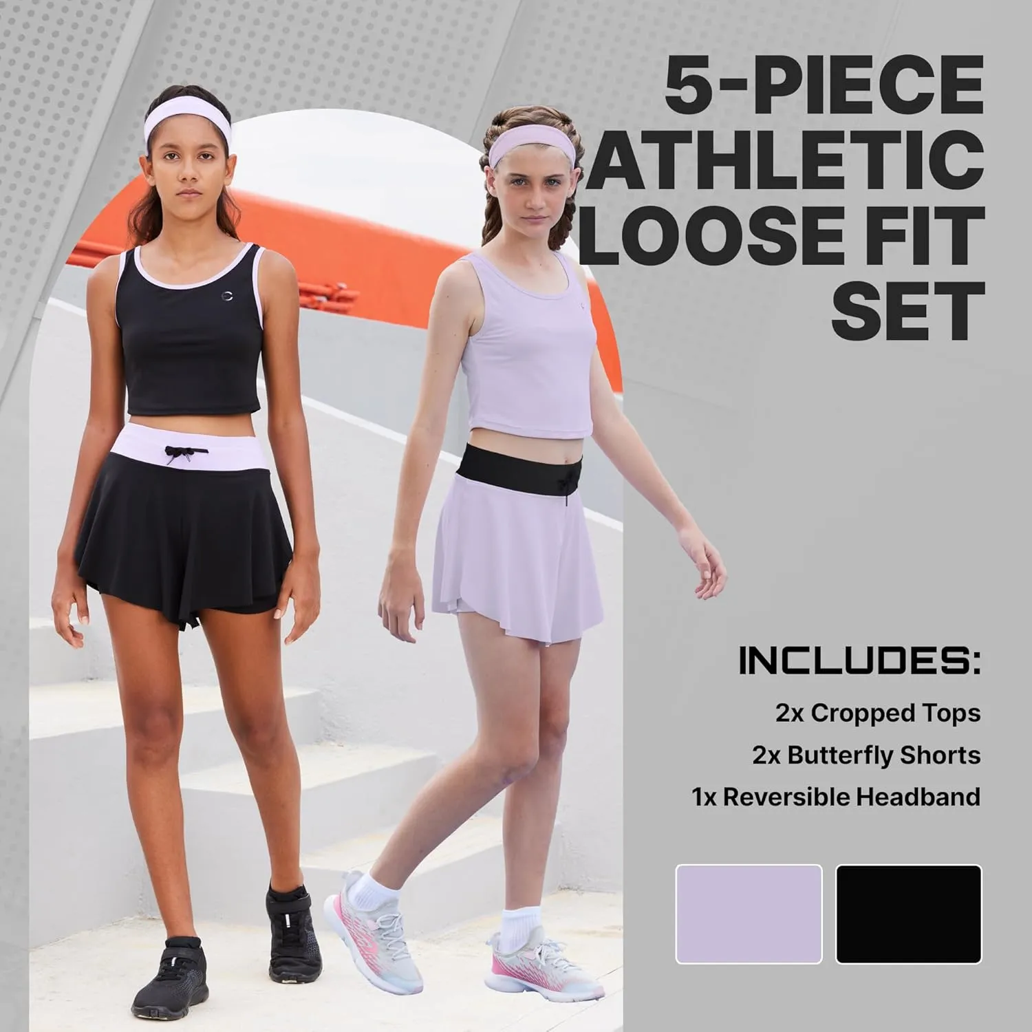 Flowy Girls Butterfly Shorts Skirts w/Pockets & Athletic Sleeveless Tank Tops, Dance Tennis Cheer Running (5pc Set)
