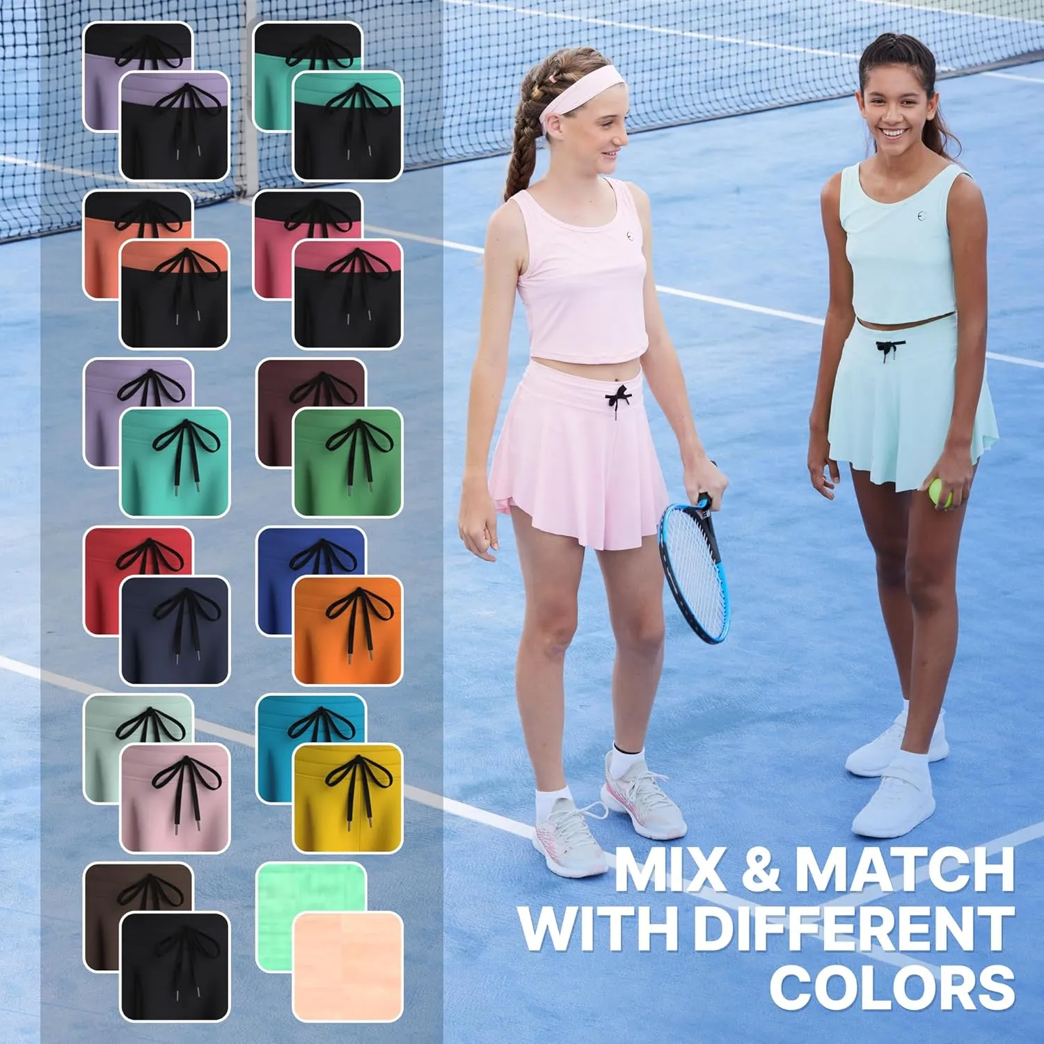 Flowy Girls Butterfly Shorts Skirts w/Pockets & Athletic Sleeveless Tank Tops, Dance Tennis Cheer Running (5pc Set)