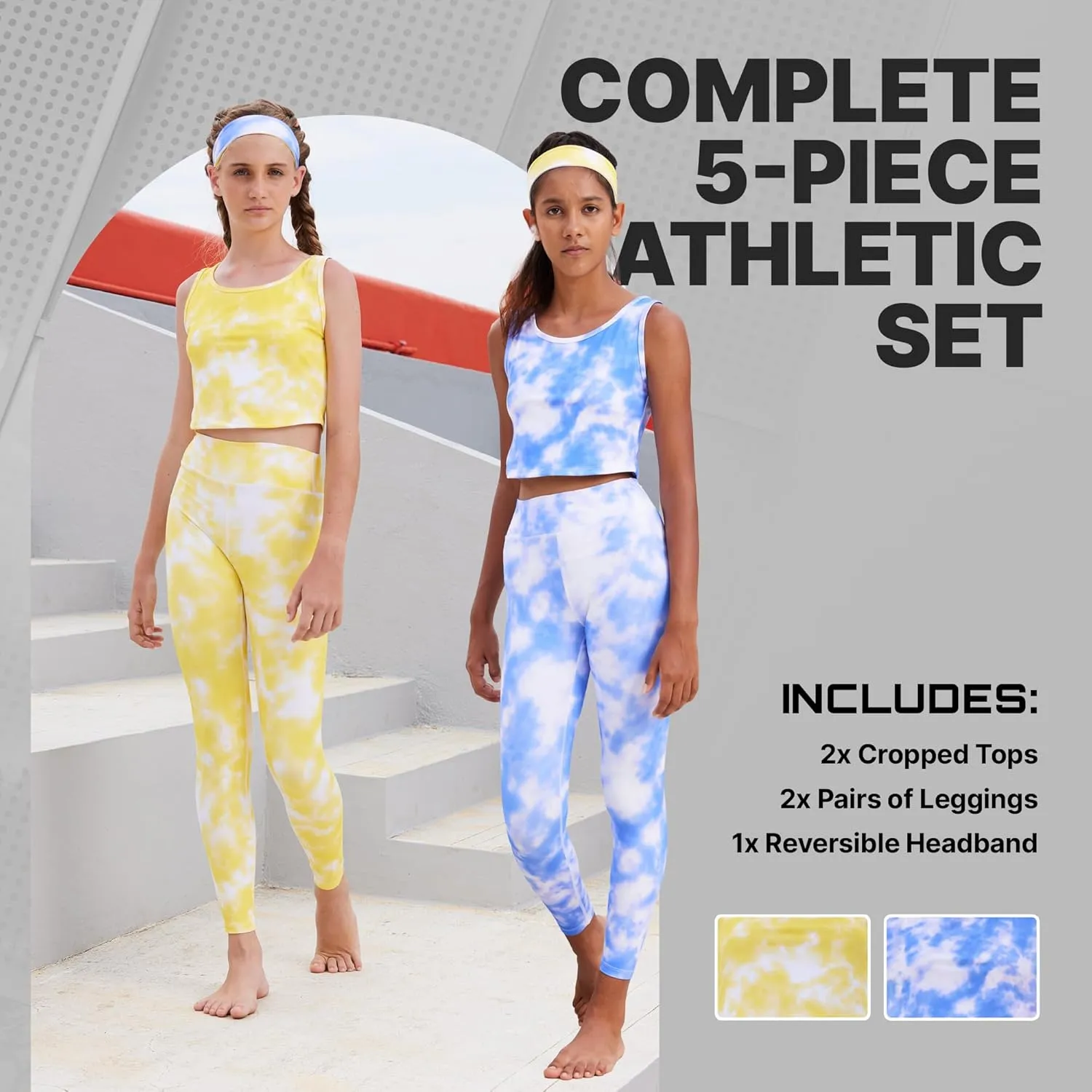 Girls Athletic Leggings Yoga Pants w/Sleeveless Crop Tank Tops for Kids Workout Cheer Dance Run Sizes 3-16, 5pc Set