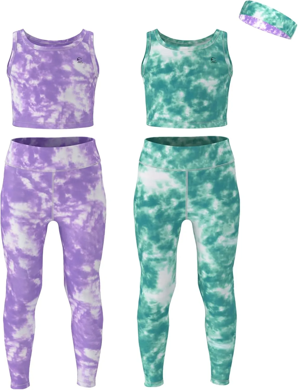 Girls Athletic Leggings Yoga Pants w/Sleeveless Crop Tank Tops for Kids Workout Cheer Dance Run Sizes 3-16, 5pc Set