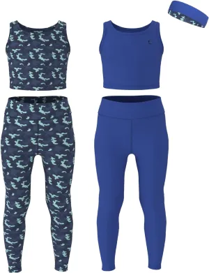 Girls Athletic Leggings Yoga Pants w/Sleeveless Crop Tank Tops for Kids Workout Cheer Dance Run Sizes 3-16, 5pc Set