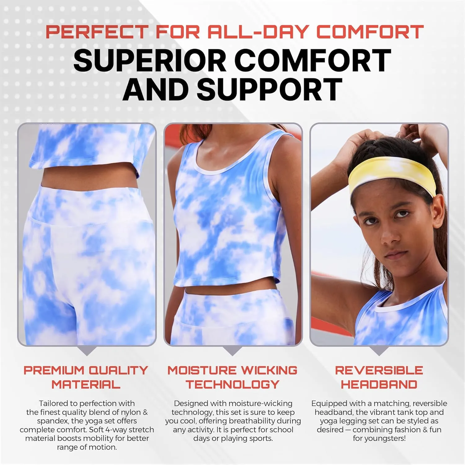 Girls Athletic Leggings Yoga Pants w/Sleeveless Crop Tank Tops for Kids Workout Cheer Dance Run Sizes 3-16, 5pc Set