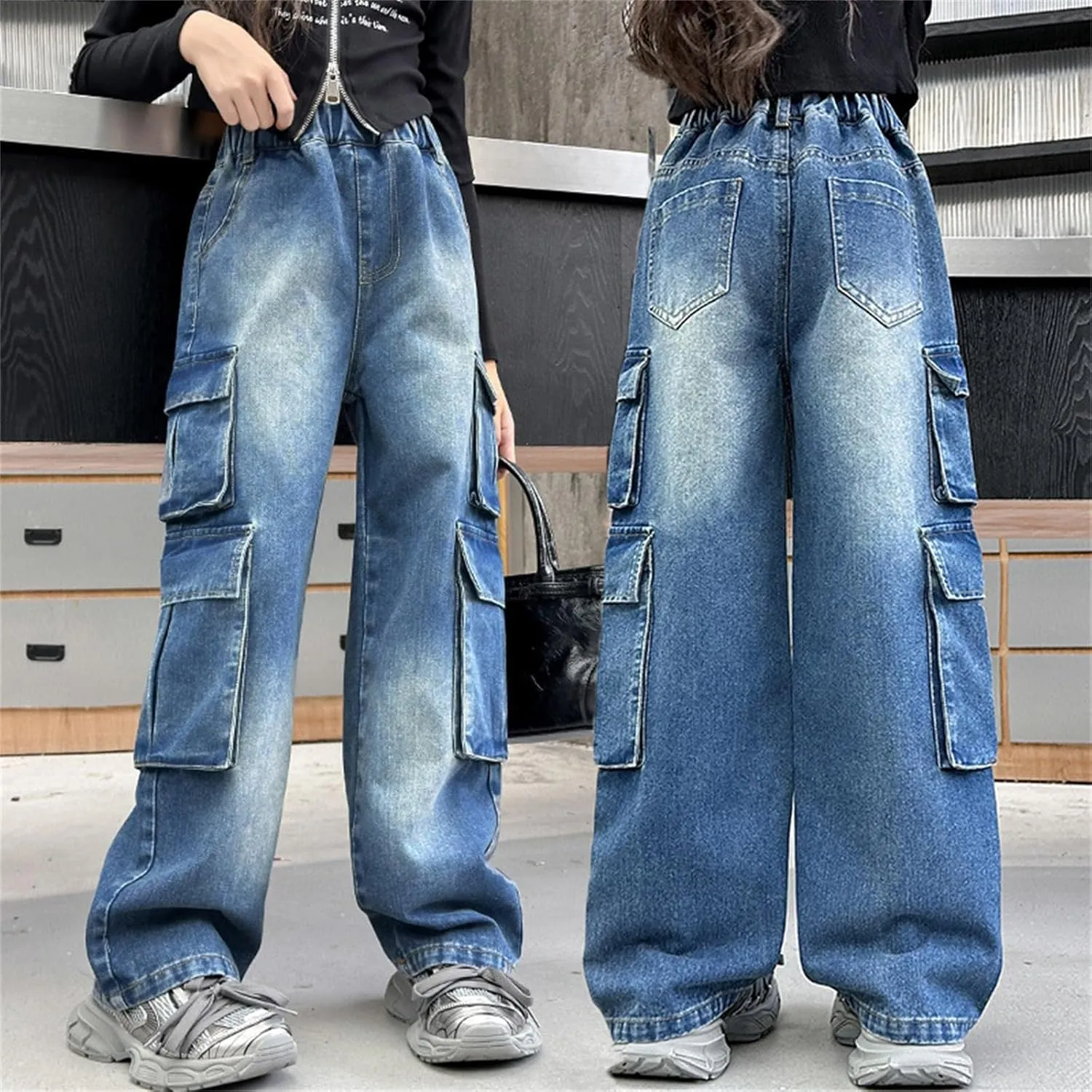 Girls Baggy Jeans Streetwear Denim Cargo Pants High Waist Casual Wide Leg Pants with Multi Pockets 4-16 Years