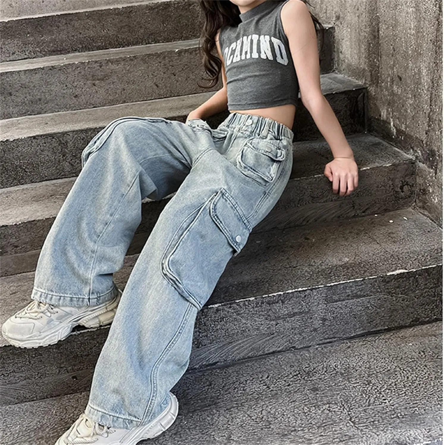 Girls Baggy Jeans Streetwear Denim Cargo Pants High Waist Casual Wide Leg Pants with Multi Pockets 4-16 Years
