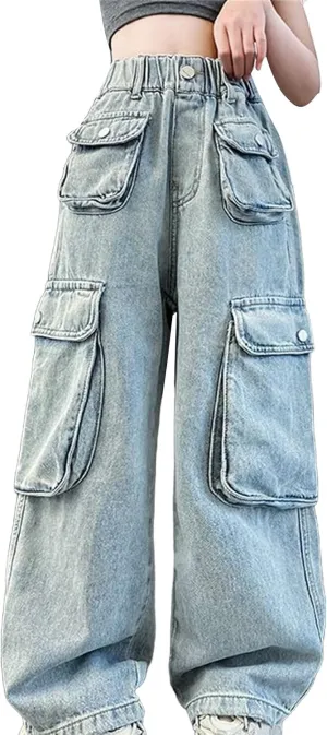 Girls Baggy Jeans Streetwear Denim Cargo Pants High Waist Casual Wide Leg Pants with Multi Pockets 4-16 Years