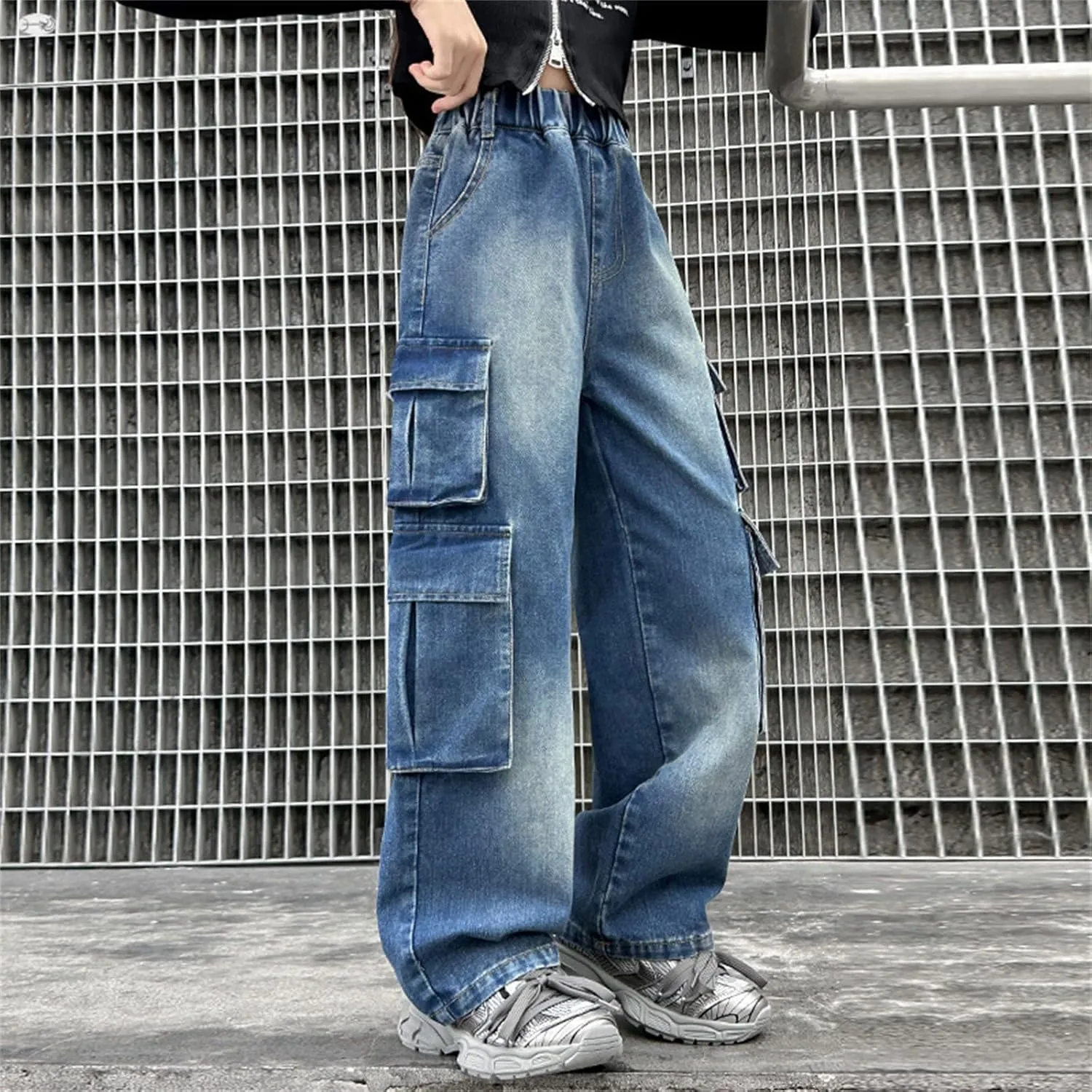 Girls Baggy Jeans Streetwear Denim Cargo Pants High Waist Casual Wide Leg Pants with Multi Pockets 4-16 Years