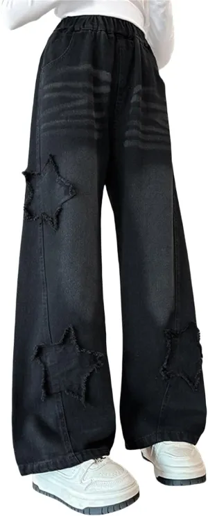 Girls Baggy Jeans Streetwear Denim Cargo Pants High Waist Casual Wide Leg Pants with Multi Pockets 4-16 Years