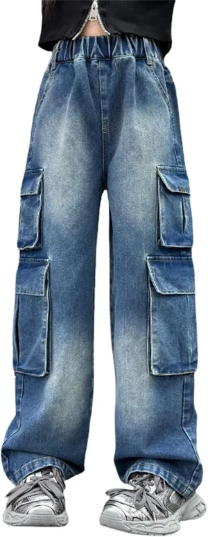 Girls Baggy Jeans Streetwear Denim Cargo Pants High Waist Casual Wide Leg Pants with Multi Pockets 4-16 Years