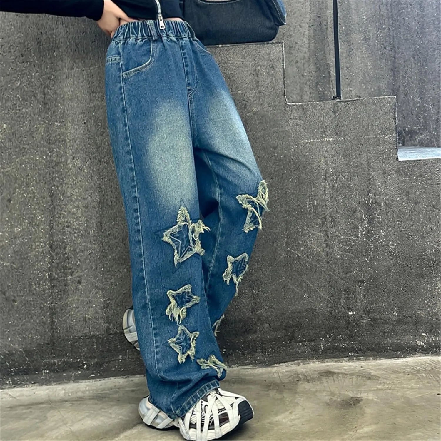 Girls Baggy Jeans Streetwear Denim Cargo Pants High Waist Casual Wide Leg Pants with Multi Pockets 4-16 Years