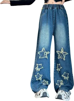 Girls Baggy Jeans Streetwear Denim Cargo Pants High Waist Casual Wide Leg Pants with Multi Pockets 4-16 Years