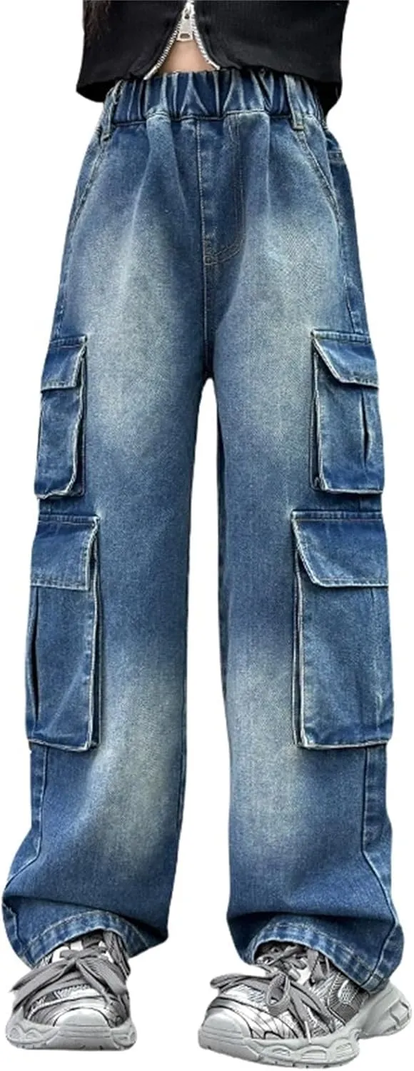 Girls Baggy Jeans Streetwear Denim Cargo Pants High Waist Casual Wide Leg Pants with Multi Pockets 4-16 Years