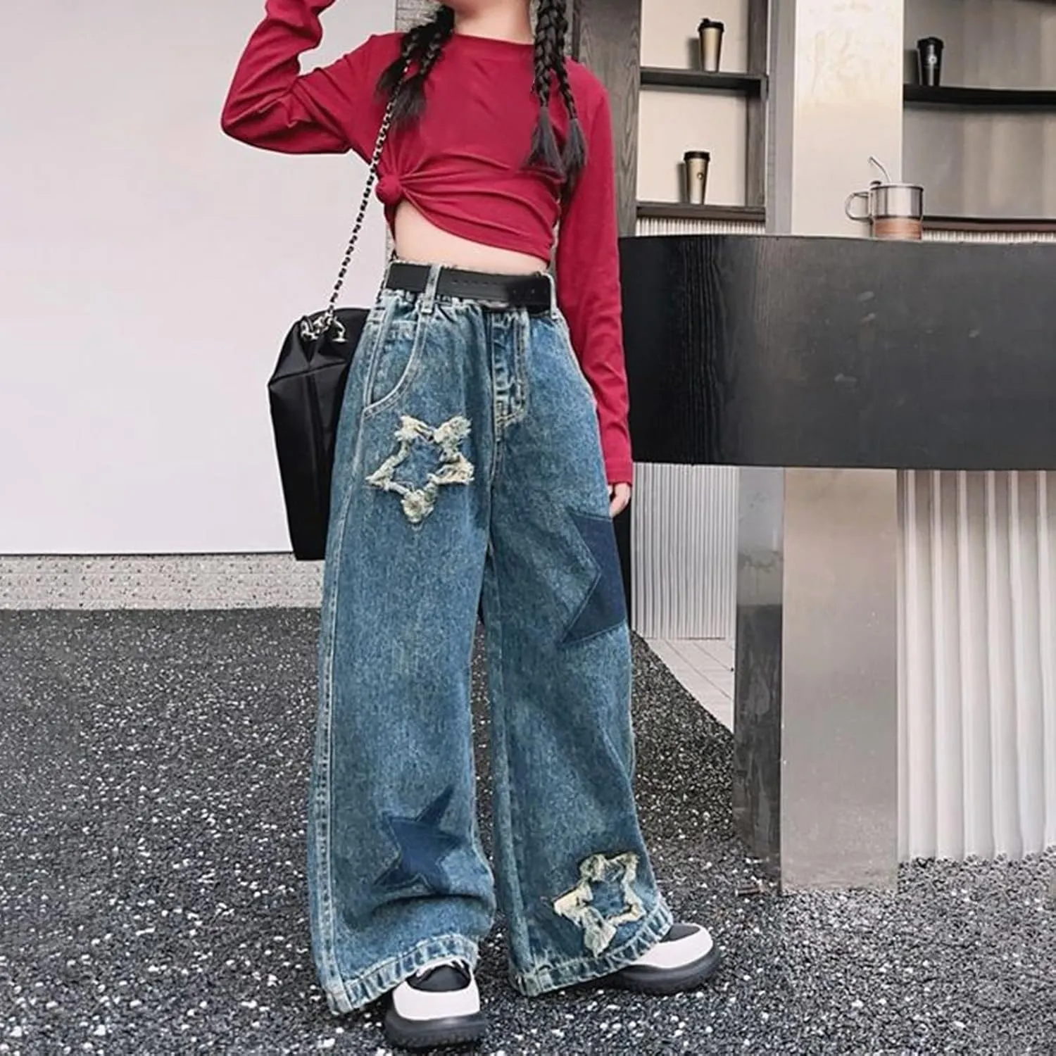 Girls Baggy Jeans Streetwear Denim Cargo Pants High Waist Casual Wide Leg Pants with Multi Pockets 4-16 Years