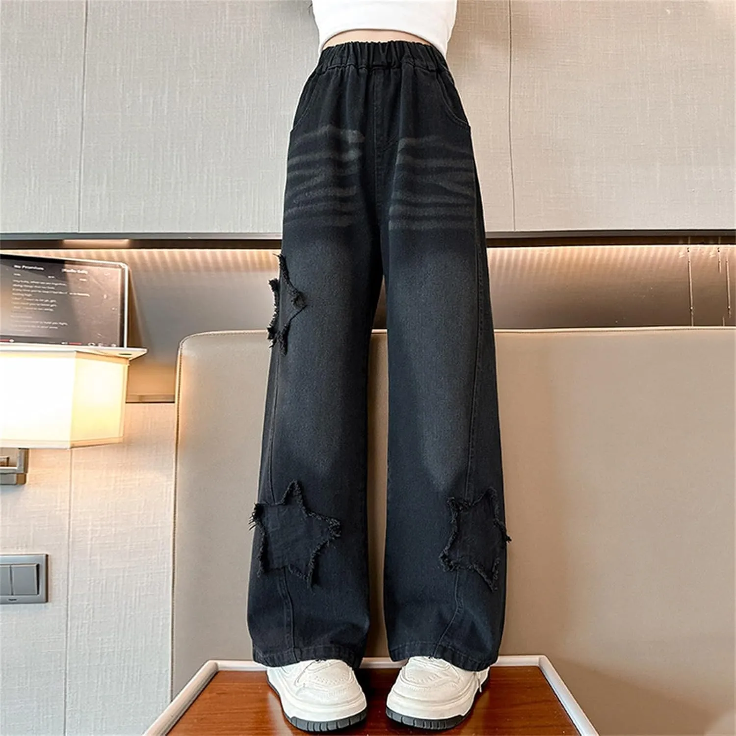 Girls Baggy Jeans Streetwear Denim Cargo Pants High Waist Casual Wide Leg Pants with Multi Pockets 4-16 Years