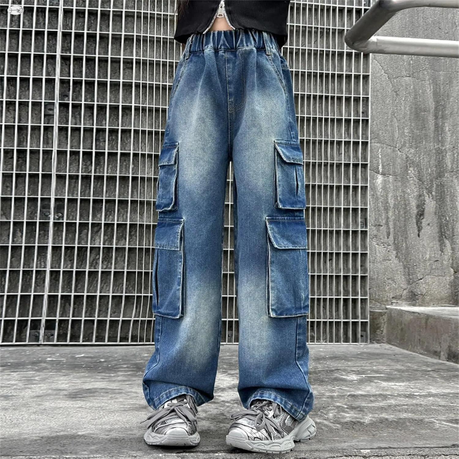 Girls Baggy Jeans Streetwear Denim Cargo Pants High Waist Casual Wide Leg Pants with Multi Pockets 4-16 Years