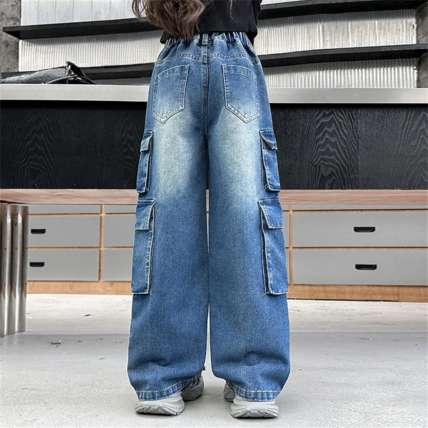 Girls Baggy Jeans Streetwear Denim Cargo Pants High Waist Casual Wide Leg Pants with Multi Pockets 4-16 Years