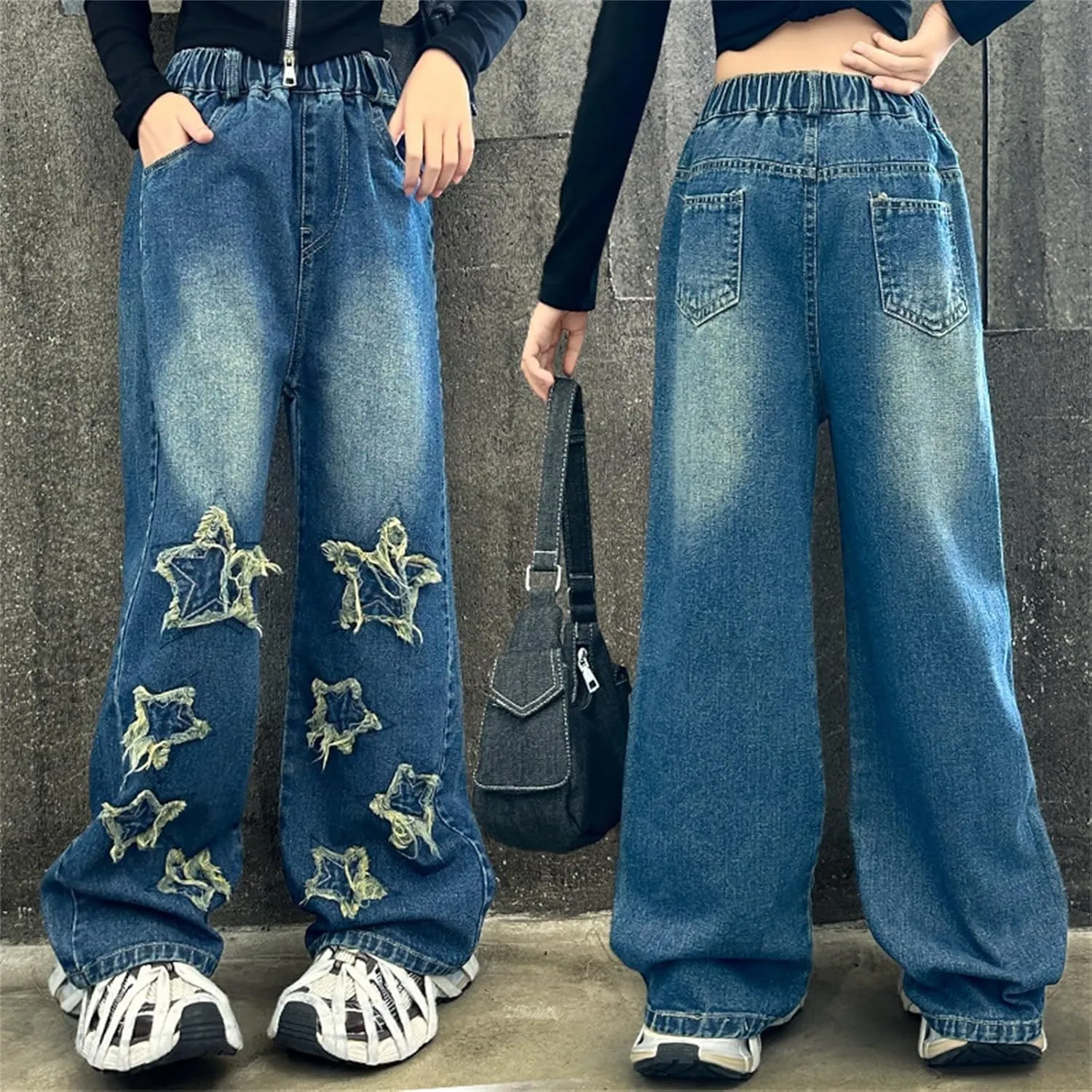 Girls Baggy Jeans Streetwear Denim Cargo Pants High Waist Casual Wide Leg Pants with Multi Pockets 4-16 Years