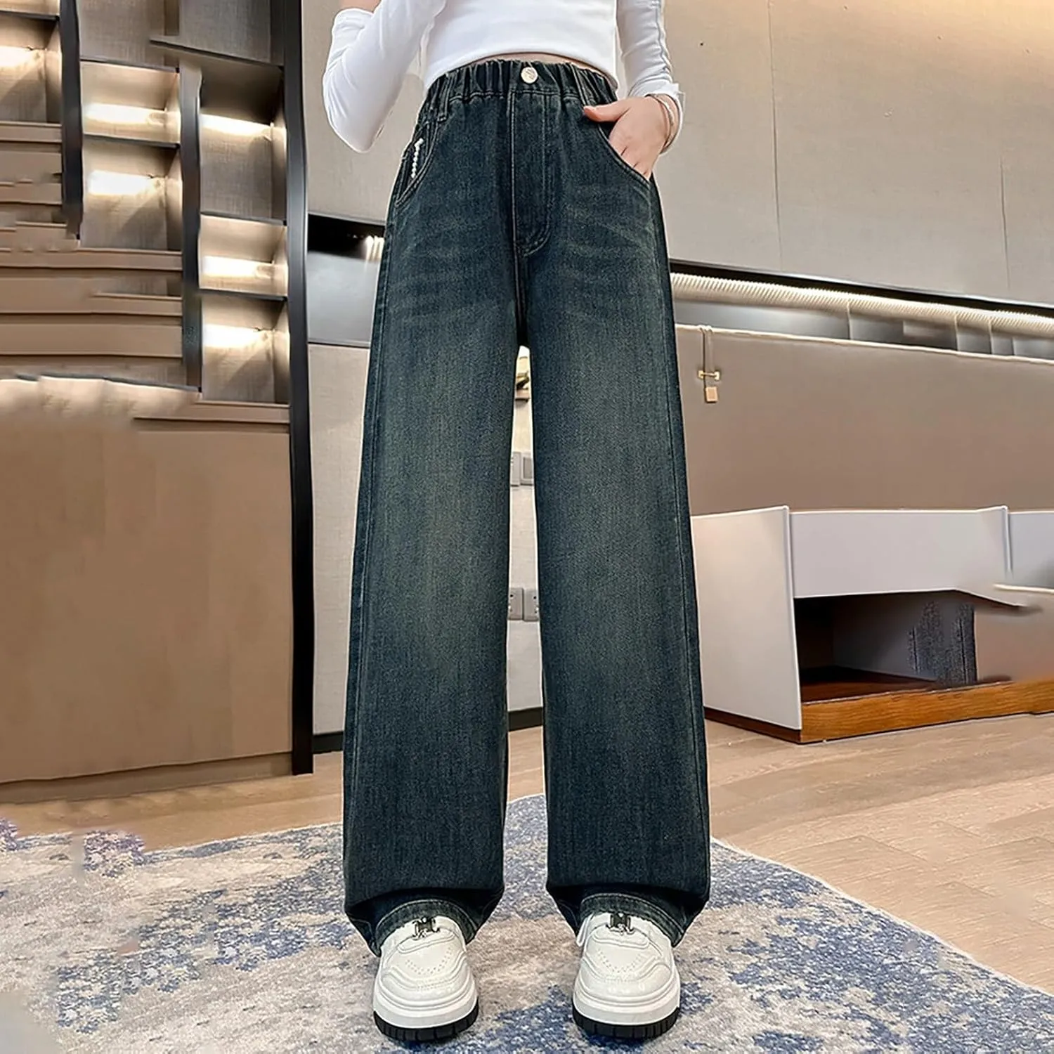Girls Baggy Jeans Streetwear Denim Cargo Pants High Waist Casual Wide Leg Pants with Multi Pockets 4-16 Years
