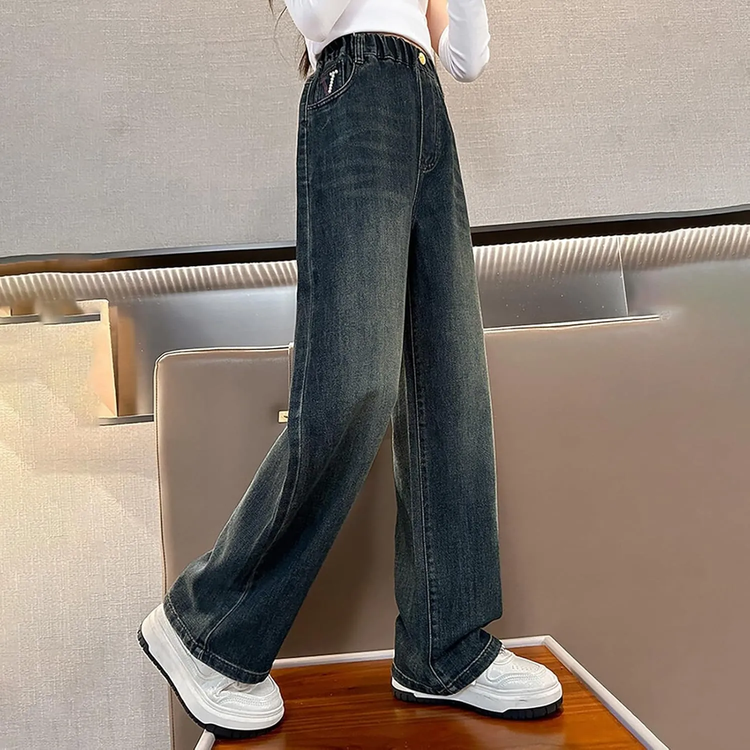 Girls Baggy Jeans Streetwear Denim Cargo Pants High Waist Casual Wide Leg Pants with Multi Pockets 4-16 Years