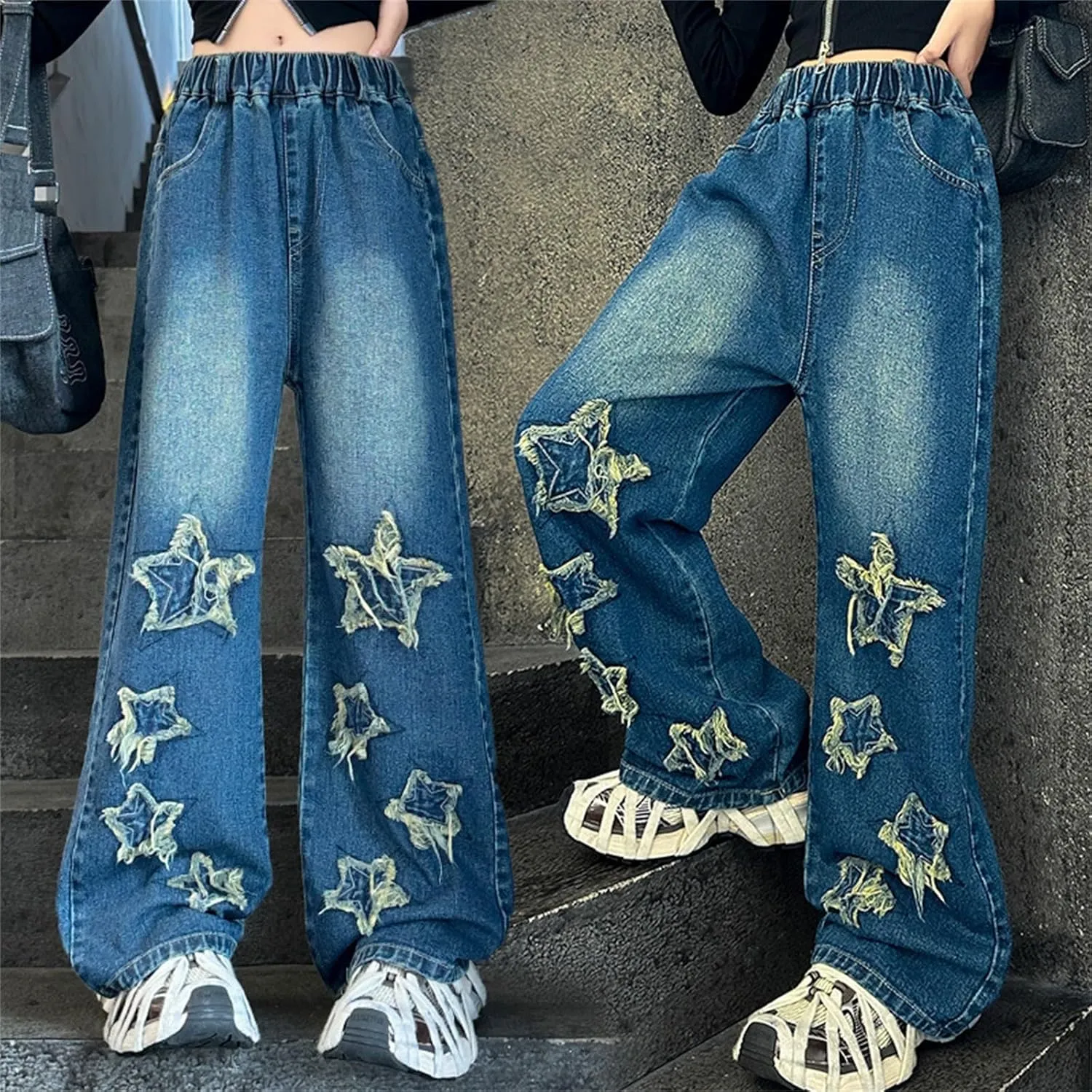 Girls Baggy Jeans Streetwear Denim Cargo Pants High Waist Casual Wide Leg Pants with Multi Pockets 4-16 Years