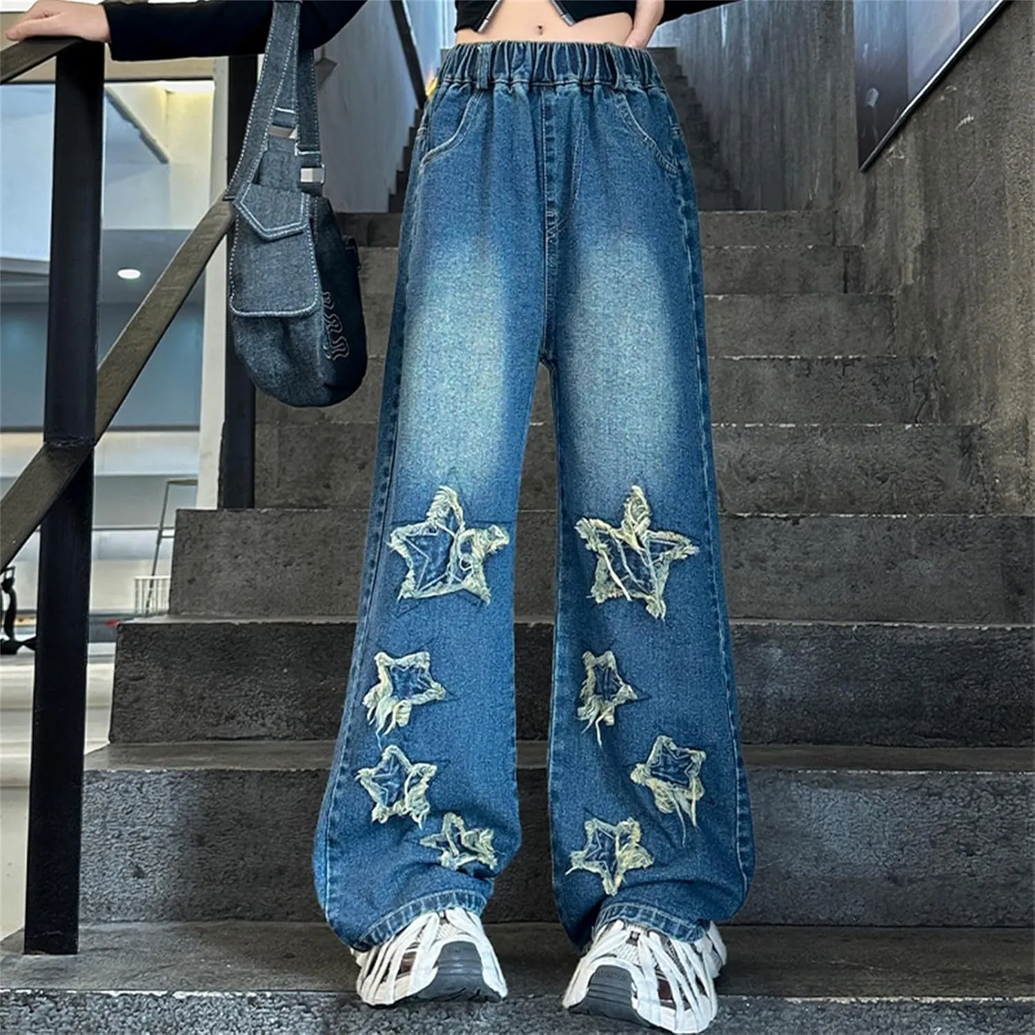 Girls Baggy Jeans Streetwear Denim Cargo Pants High Waist Casual Wide Leg Pants with Multi Pockets 4-16 Years