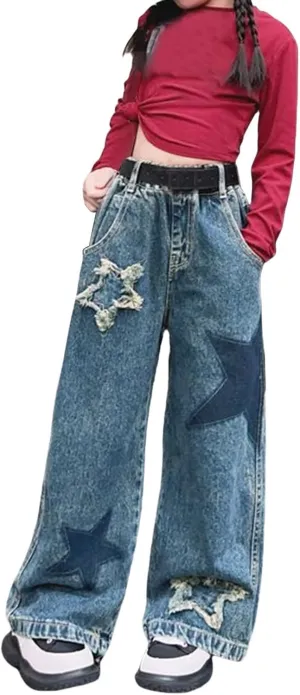 Girls Baggy Jeans Streetwear Denim Cargo Pants High Waist Casual Wide Leg Pants with Multi Pockets 4-16 Years