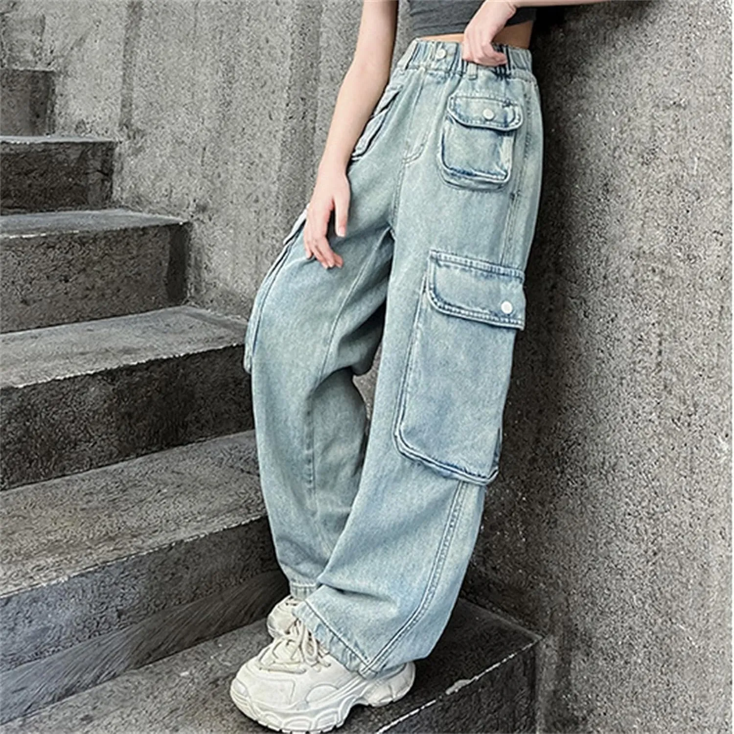 Girls Baggy Jeans Streetwear Denim Cargo Pants High Waist Casual Wide Leg Pants with Multi Pockets 4-16 Years