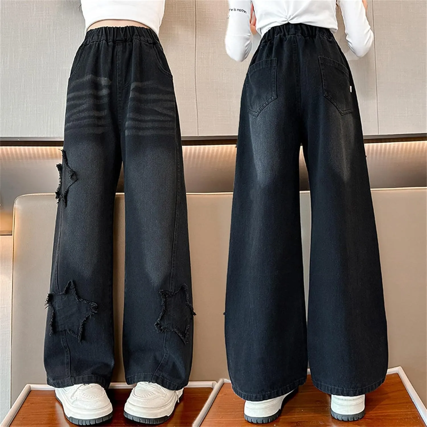 Girls Baggy Jeans Streetwear Denim Cargo Pants High Waist Casual Wide Leg Pants with Multi Pockets 4-16 Years