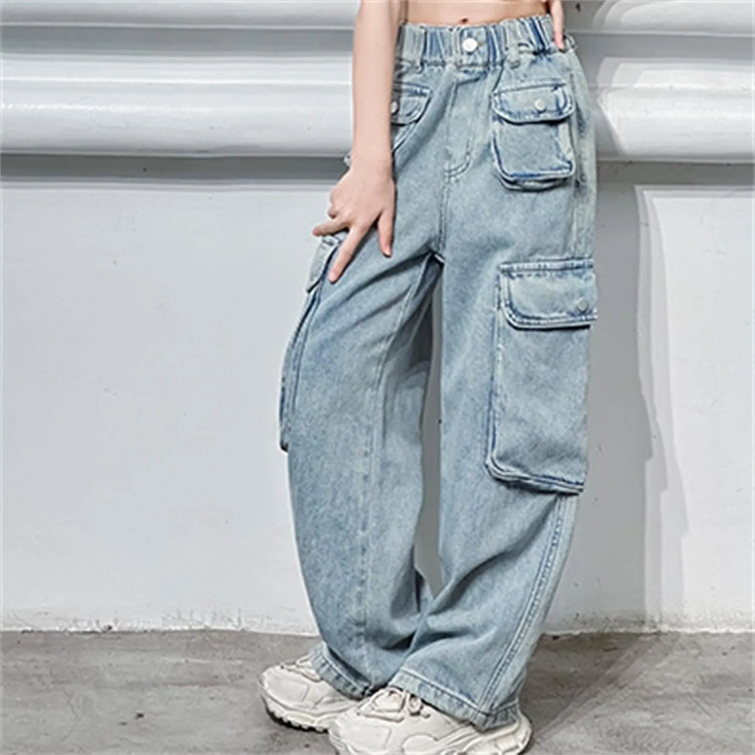 Girls Baggy Jeans Streetwear Denim Cargo Pants High Waist Casual Wide Leg Pants with Multi Pockets 4-16 Years