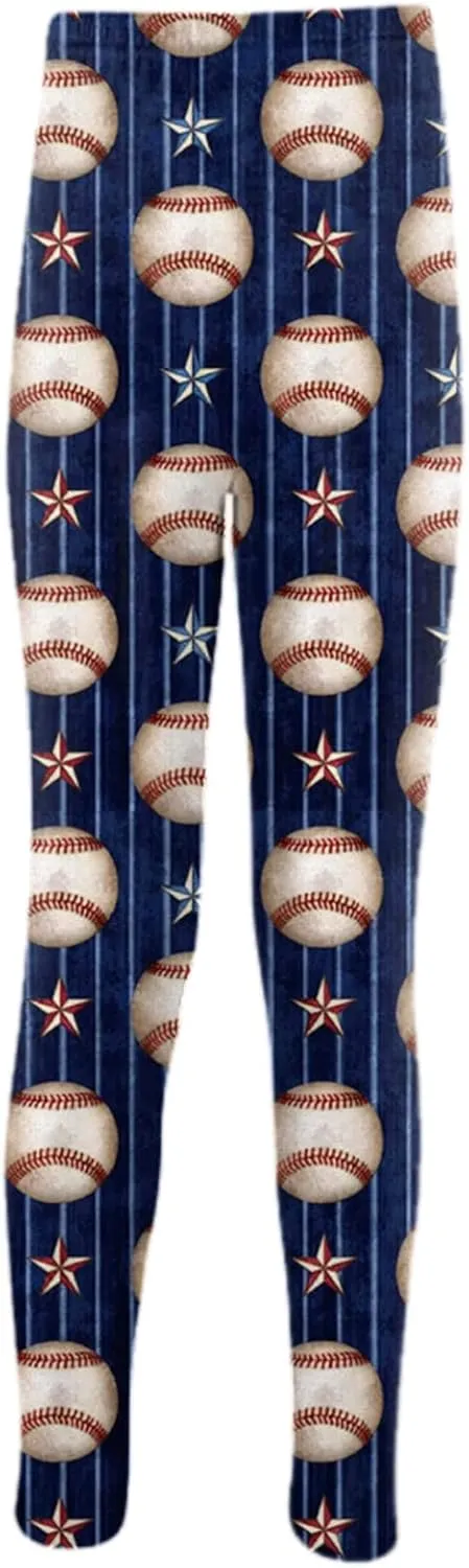 Girls Baseball Print Leggings High Waist Compression Yoga Leggings for Toddler Kids Dance Workout Running Pants