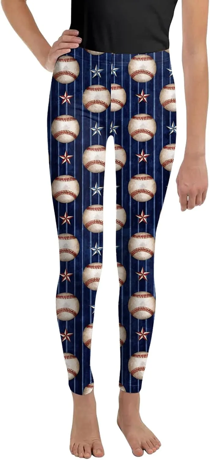 Girls Baseball Print Leggings High Waist Compression Yoga Leggings for Toddler Kids Dance Workout Running Pants