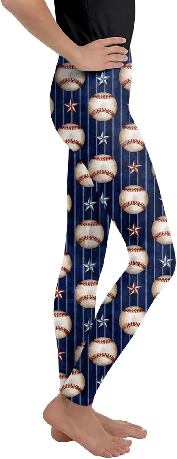Girls Baseball Print Leggings High Waist Compression Yoga Leggings for Toddler Kids Dance Workout Running Pants
