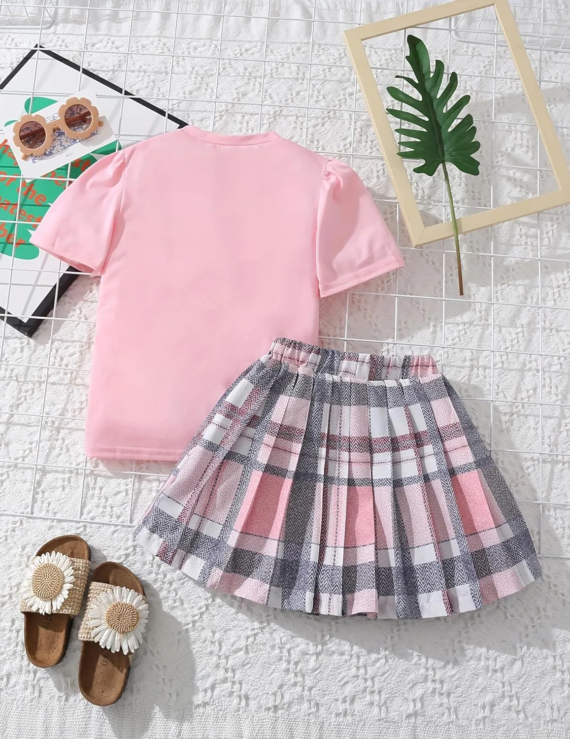 Girls' Clothing Set 2 Piece Outfits Skirt Sets Cute Puff Short Sleeve Tops and Plaid Mini Pleated Skirts 4-8 Years