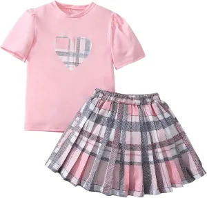 Girls' Clothing Set 2 Piece Outfits Skirt Sets Cute Puff Short Sleeve Tops and Plaid Mini Pleated Skirts 4-8 Years
