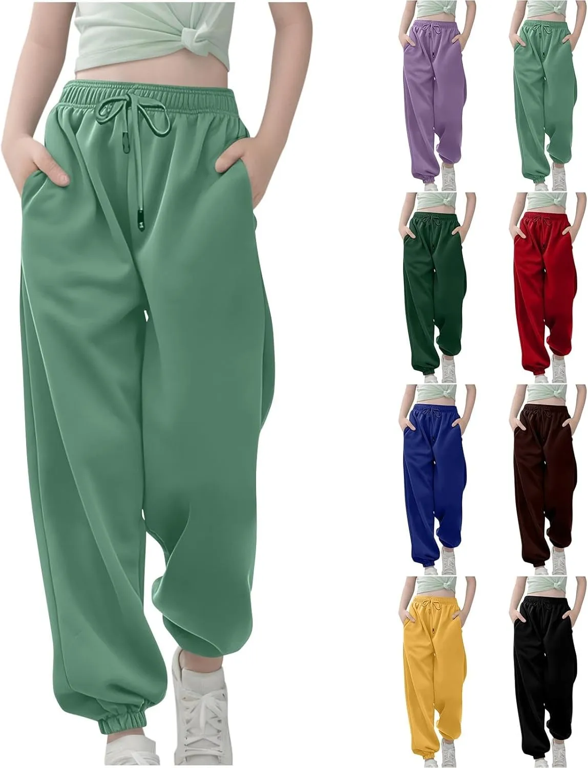 Girl's Elastic High Waist Joggers Cute Solid Casual Sweatpants Unisex Boys Girls Spring Jogger Pants with Pockets