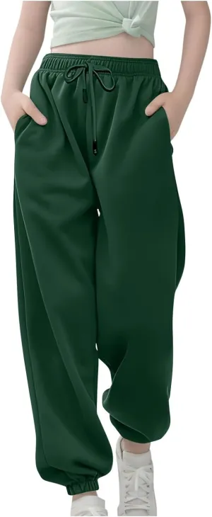 Girl's Elastic High Waist Joggers Cute Solid Casual Sweatpants Unisex Boys Girls Spring Jogger Pants with Pockets
