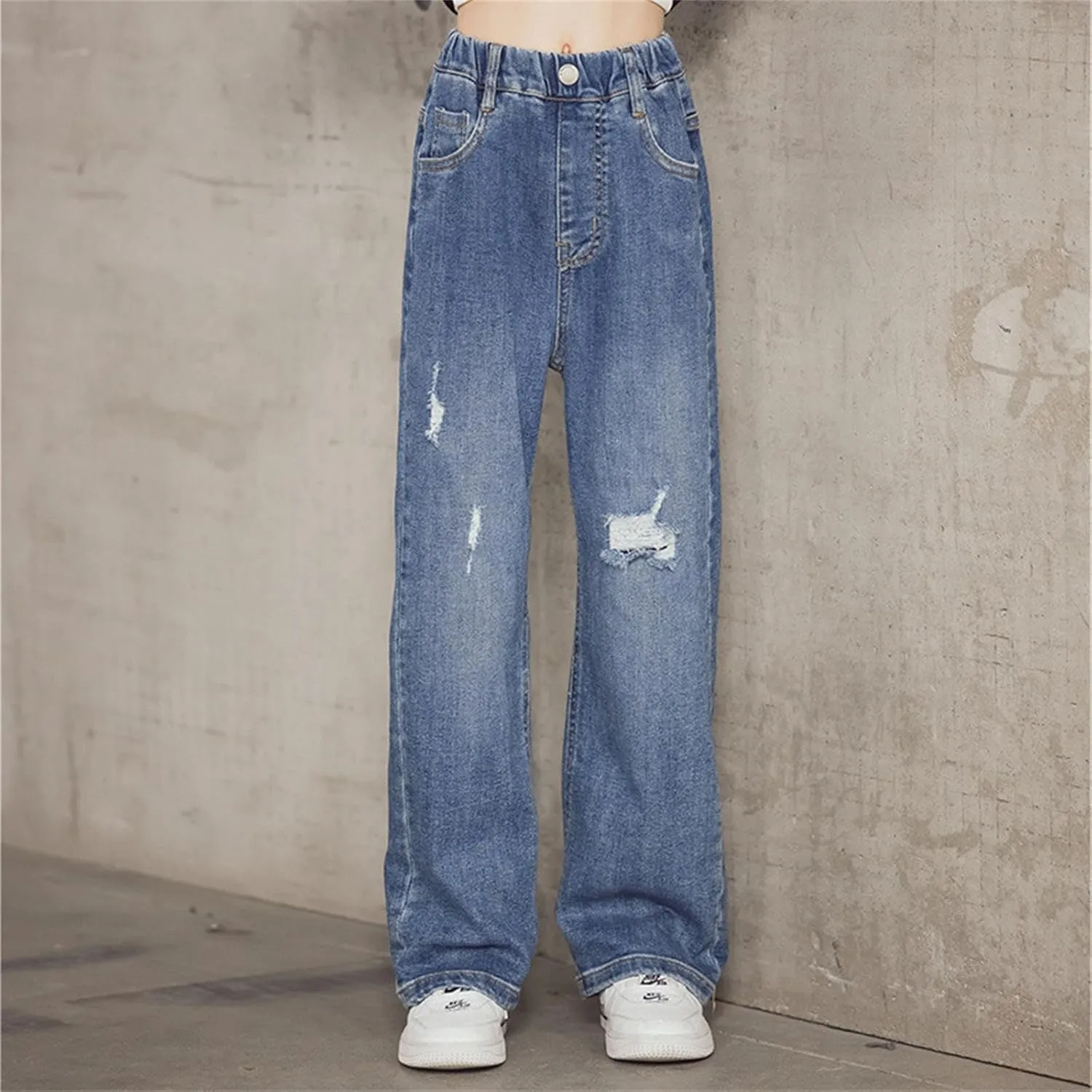 Girl's Elastic High Waist Ripped Baggy Jeans Wide Leg Distressed Denim Pants Loose Fit Straight Leg Trousers with Pockets