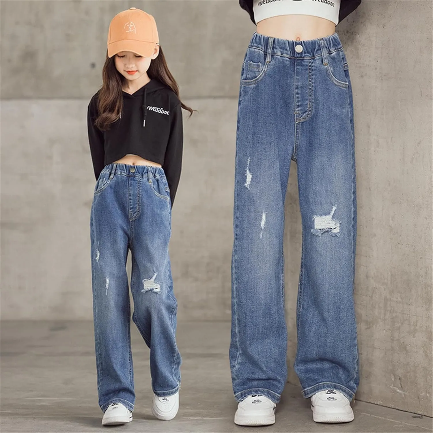 Girl's Elastic High Waist Ripped Baggy Jeans Wide Leg Distressed Denim Pants Loose Fit Straight Leg Trousers with Pockets