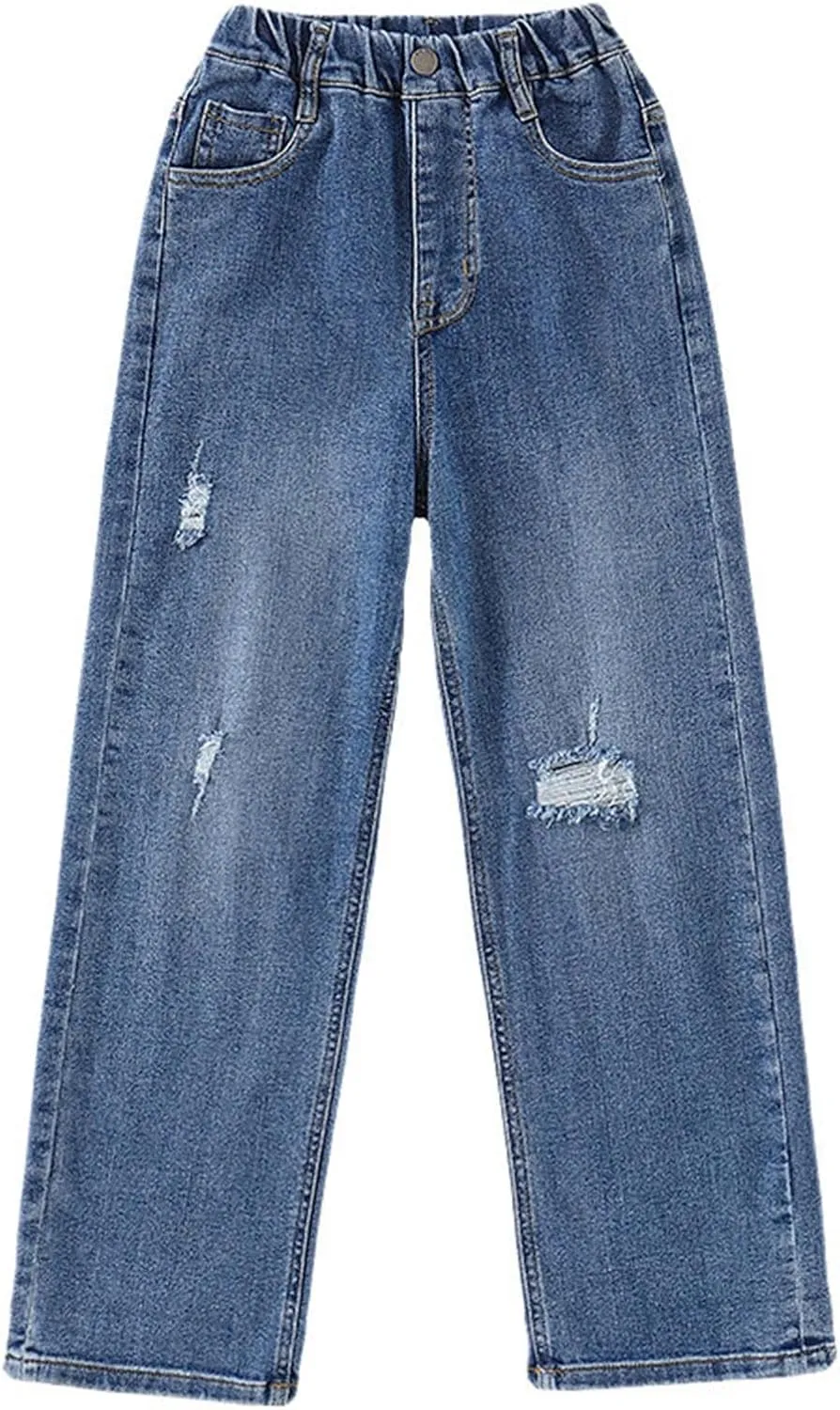 Girl's Elastic High Waist Ripped Baggy Jeans Wide Leg Distressed Denim Pants Loose Fit Straight Leg Trousers with Pockets