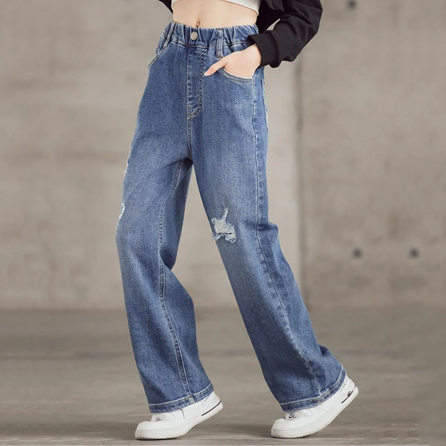 Girl's Elastic High Waist Ripped Baggy Jeans Wide Leg Distressed Denim Pants Loose Fit Straight Leg Trousers with Pockets