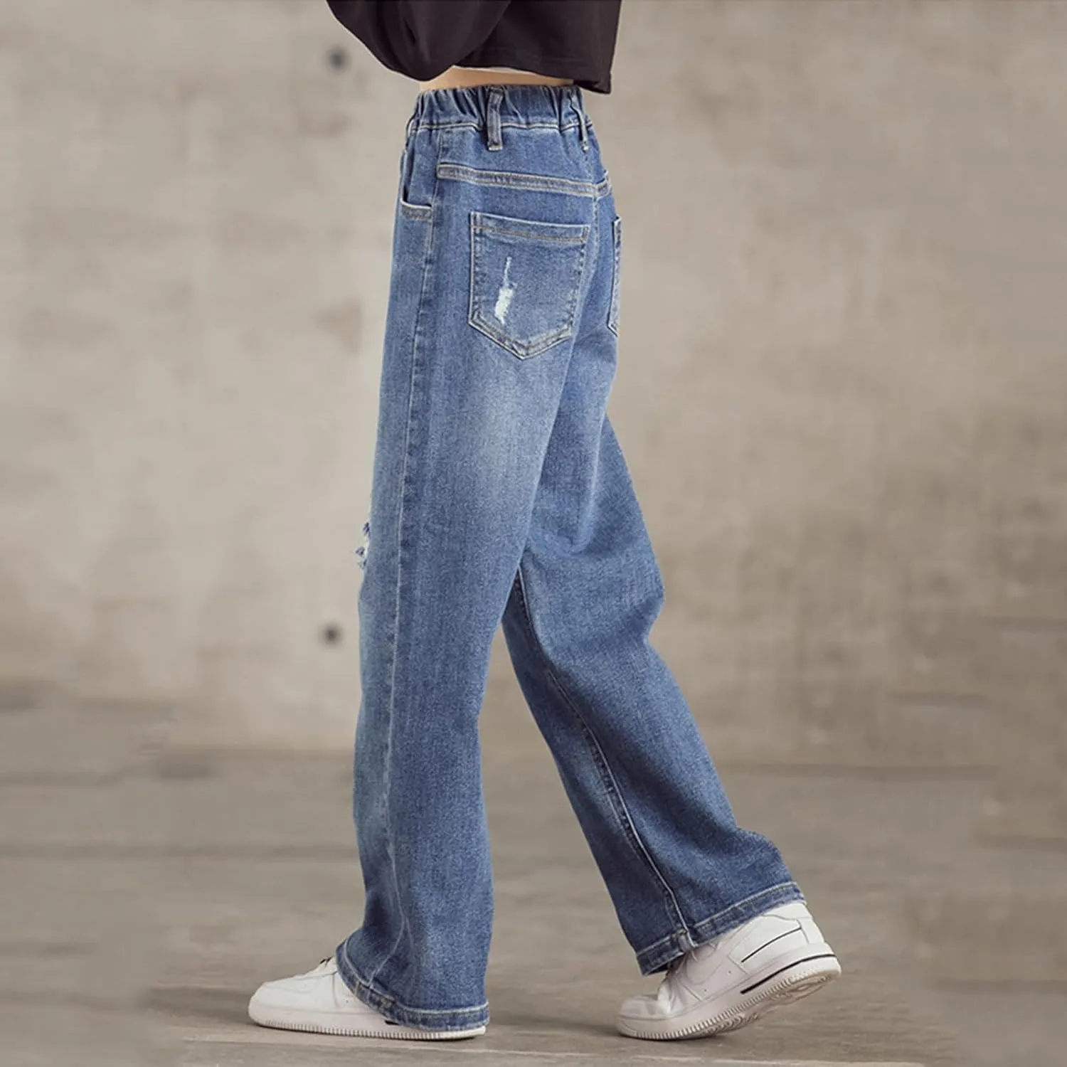 Girl's Elastic High Waist Ripped Baggy Jeans Wide Leg Distressed Denim Pants Loose Fit Straight Leg Trousers with Pockets