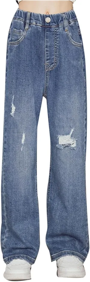 Girl's Elastic High Waist Ripped Baggy Jeans Wide Leg Distressed Denim Pants Loose Fit Straight Leg Trousers with Pockets