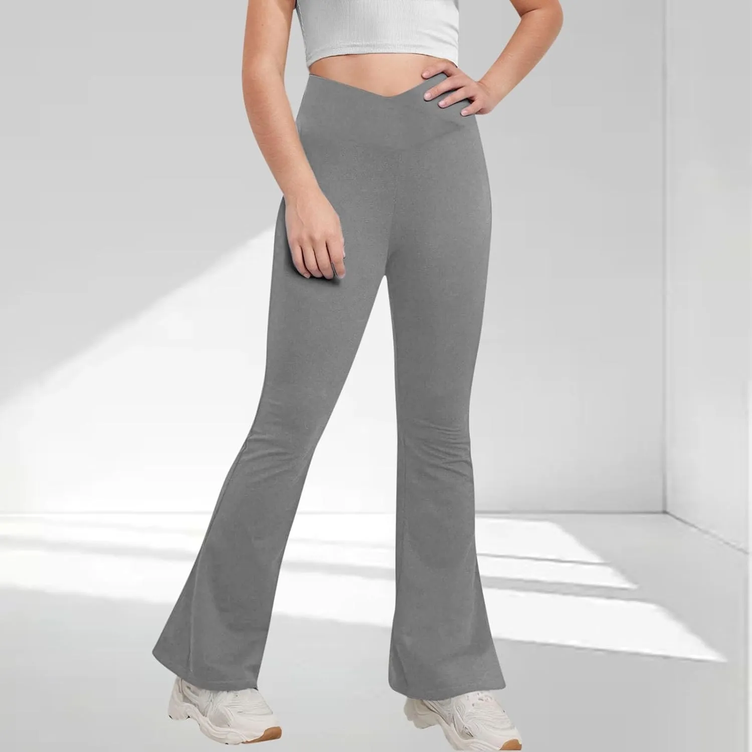 Girls Flare Leggings Cross High Waisted Yoga Pants Bootcut Leggings Kids Stretch Dance Bell Bottoms with Pockets Soft