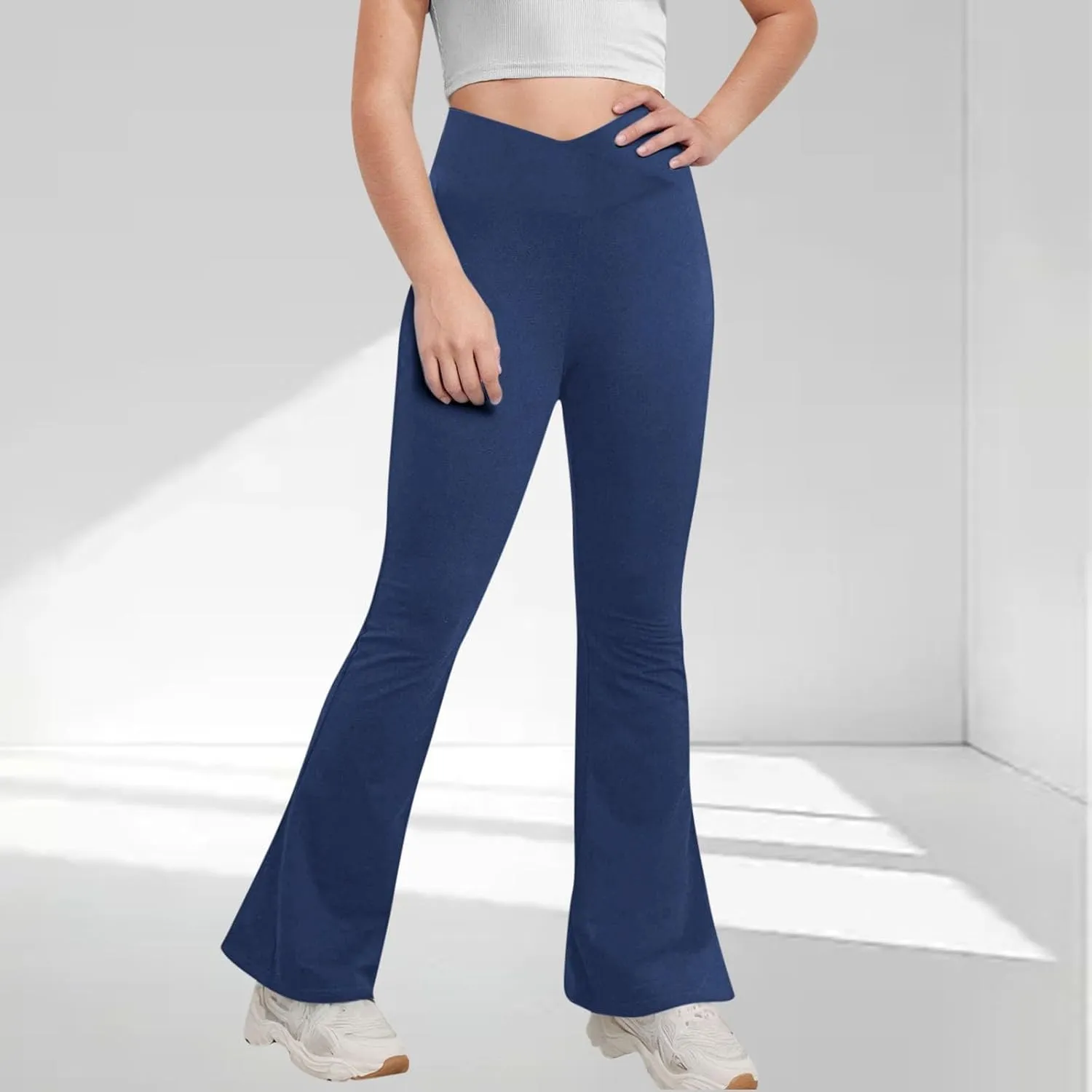 Girls Flare Leggings Cross High Waisted Yoga Pants Bootcut Leggings Kids Stretch Dance Bell Bottoms with Pockets Soft