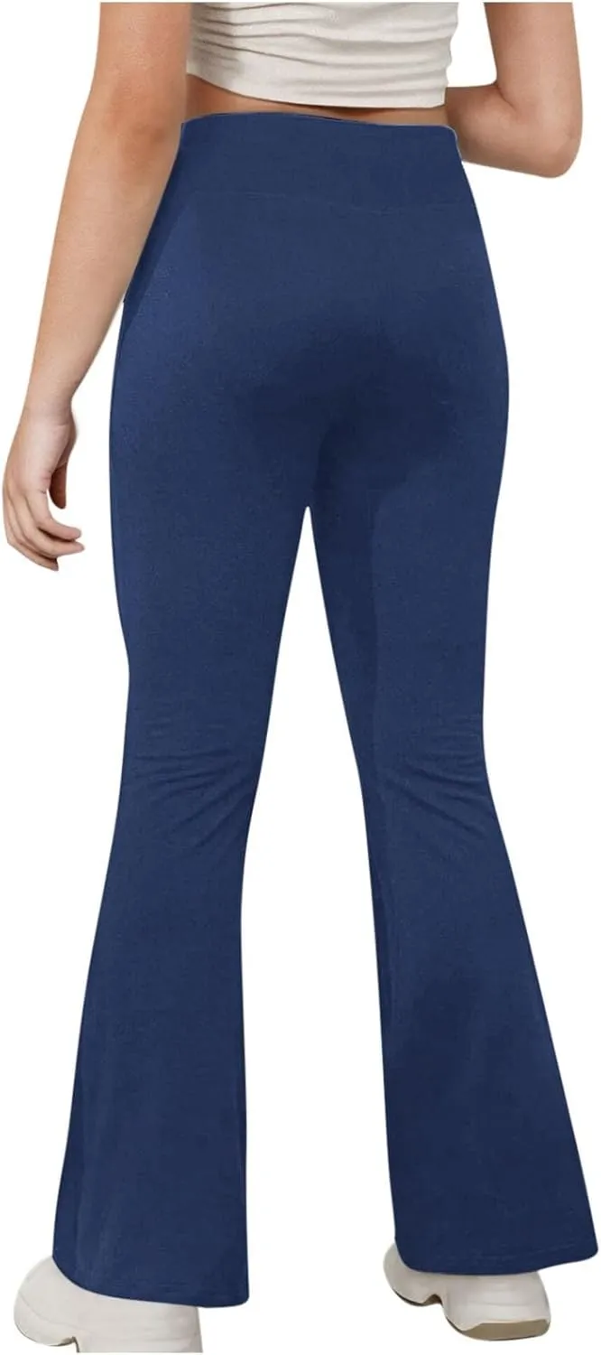 Girls Flare Leggings Cross High Waisted Yoga Pants Bootcut Leggings Kids Stretch Dance Bell Bottoms with Pockets Soft