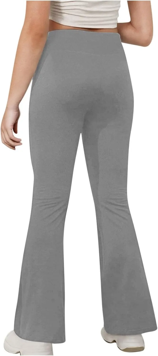 Girls Flare Leggings Cross High Waisted Yoga Pants Bootcut Leggings Kids Stretch Dance Bell Bottoms with Pockets Soft