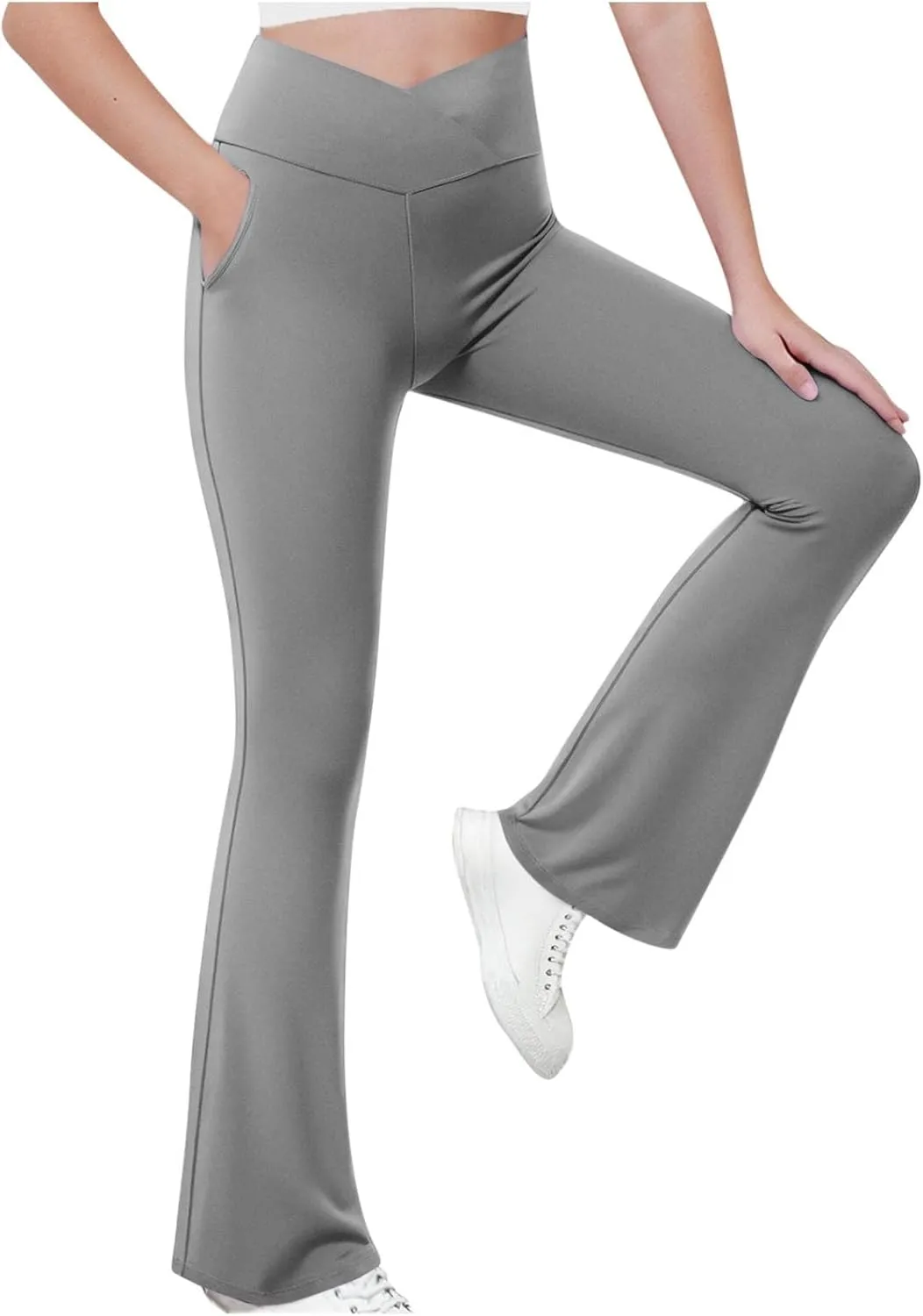 Girls Flare Leggings Cross High Waisted Yoga Pants Bootcut Leggings Kids Stretch Dance Bell Bottoms with Pockets Soft