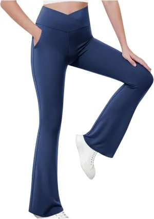Girls Flare Leggings Cross High Waisted Yoga Pants Bootcut Leggings Kids Stretch Dance Bell Bottoms with Pockets Soft